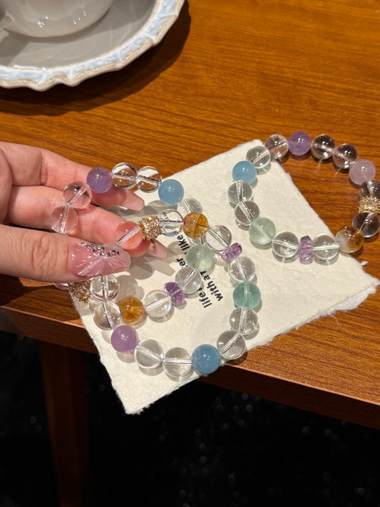 Auspicious White Multi-Gemstone Bracelet Crystal, Fluorite, Aquamarine, Amethyst, Rose Quartz & Citrine