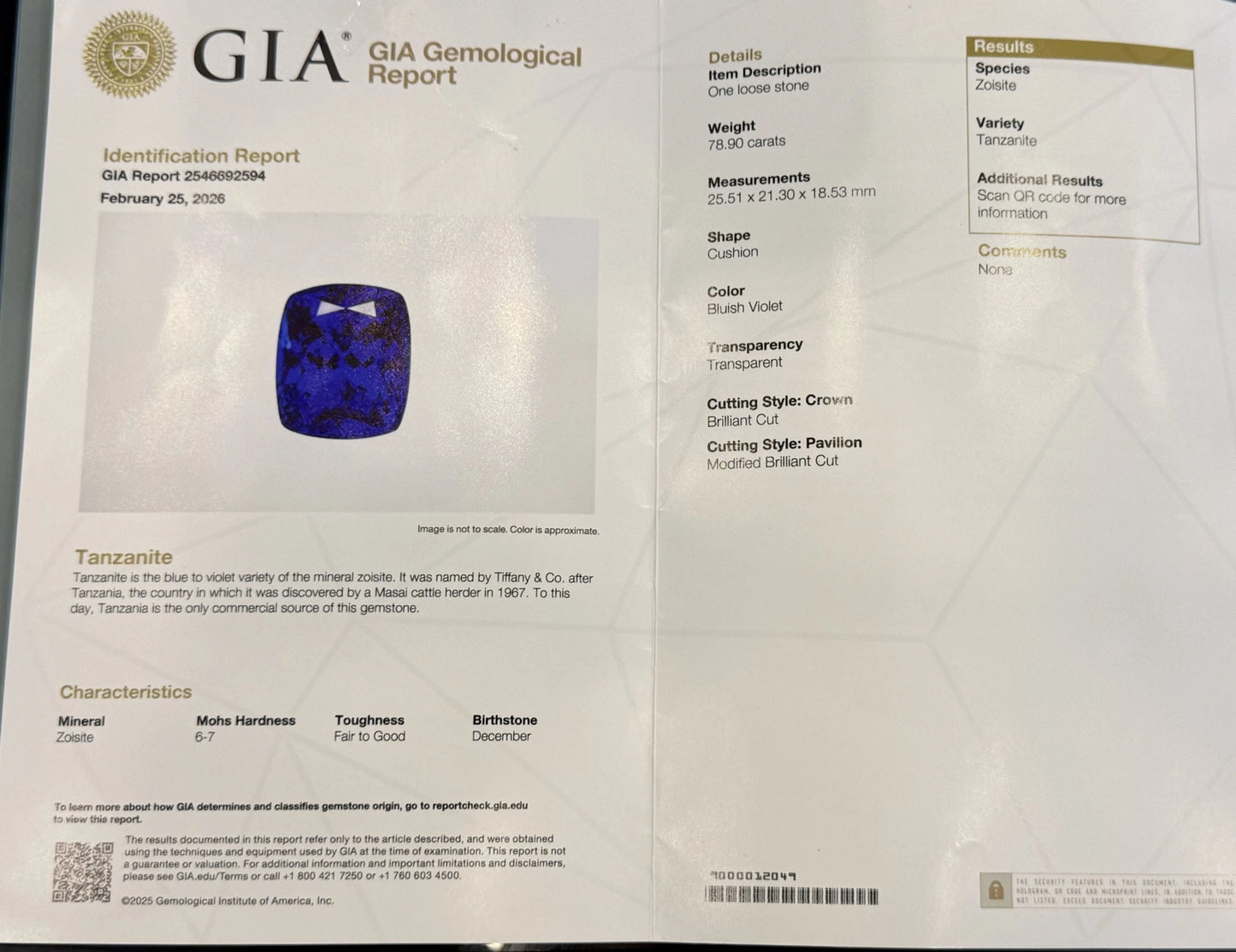 78.9ct GIA Certified Tanzanite | Intense Bluish Violet Cushion Cut TAZ01