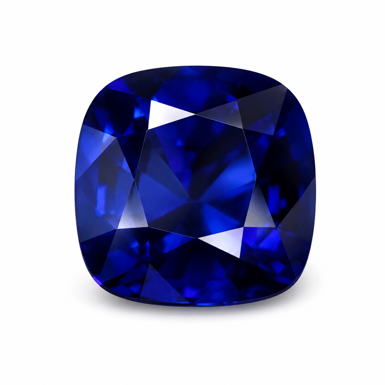 A deep blue sapphire gemstone with brilliant faceted facets, centered on a clean white background. Unheated Srilankan