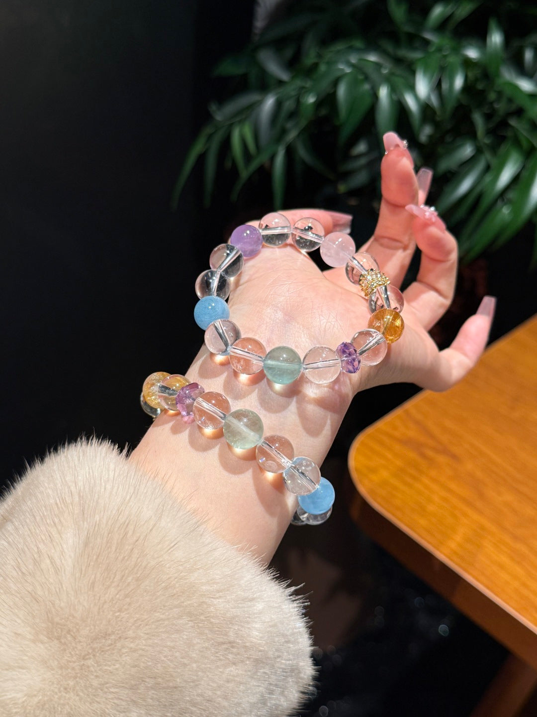 Auspicious White Multi-Gemstone Bracelet Crystal, Fluorite, Aquamarine, Amethyst, Rose Quartz & Citrine