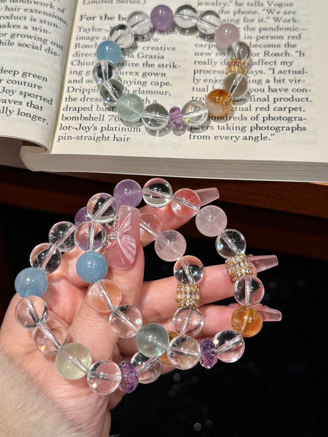 Auspicious White Multi-Gemstone Bracelet Crystal, Fluorite, Aquamarine, Amethyst, Rose Quartz & Citrine