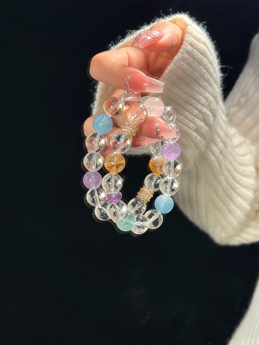 Auspicious White Multi-Gemstone Bracelet Crystal, Fluorite, Aquamarine, Amethyst, Rose Quartz & Citrine