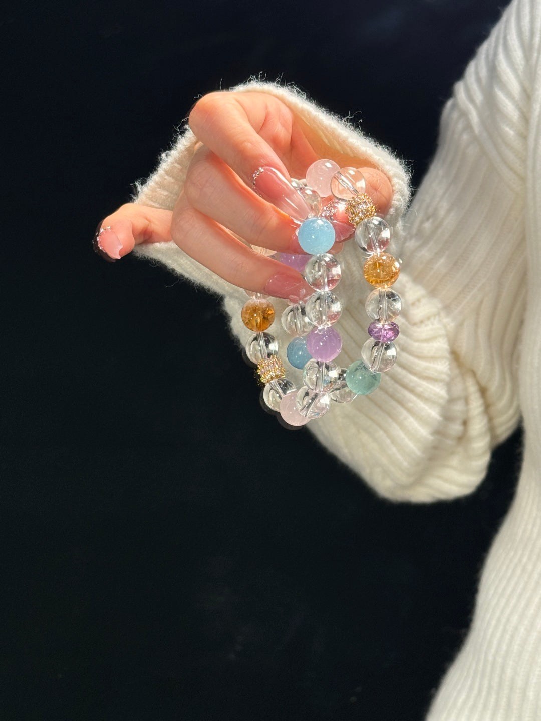 Auspicious White Multi-Gemstone Bracelet Crystal, Fluorite, Aquamarine, Amethyst, Rose Quartz & Citrine