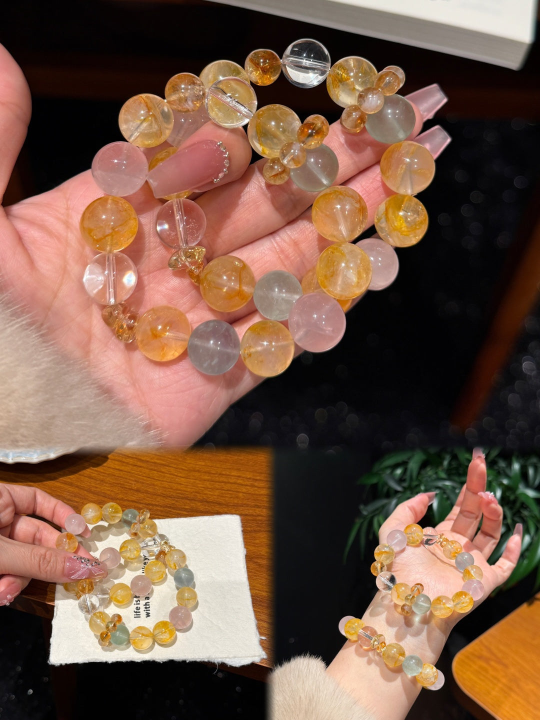 Golden Flower Multi-Gemstone Bracelet – Size 12/13 | Citrine, Rose Quartz, Fluorite & Crystal