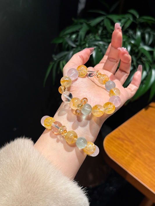 Golden Flower Multi-Gemstone Bracelet – Size 12/13 | Citrine, Rose Quartz, Fluorite & Crystal