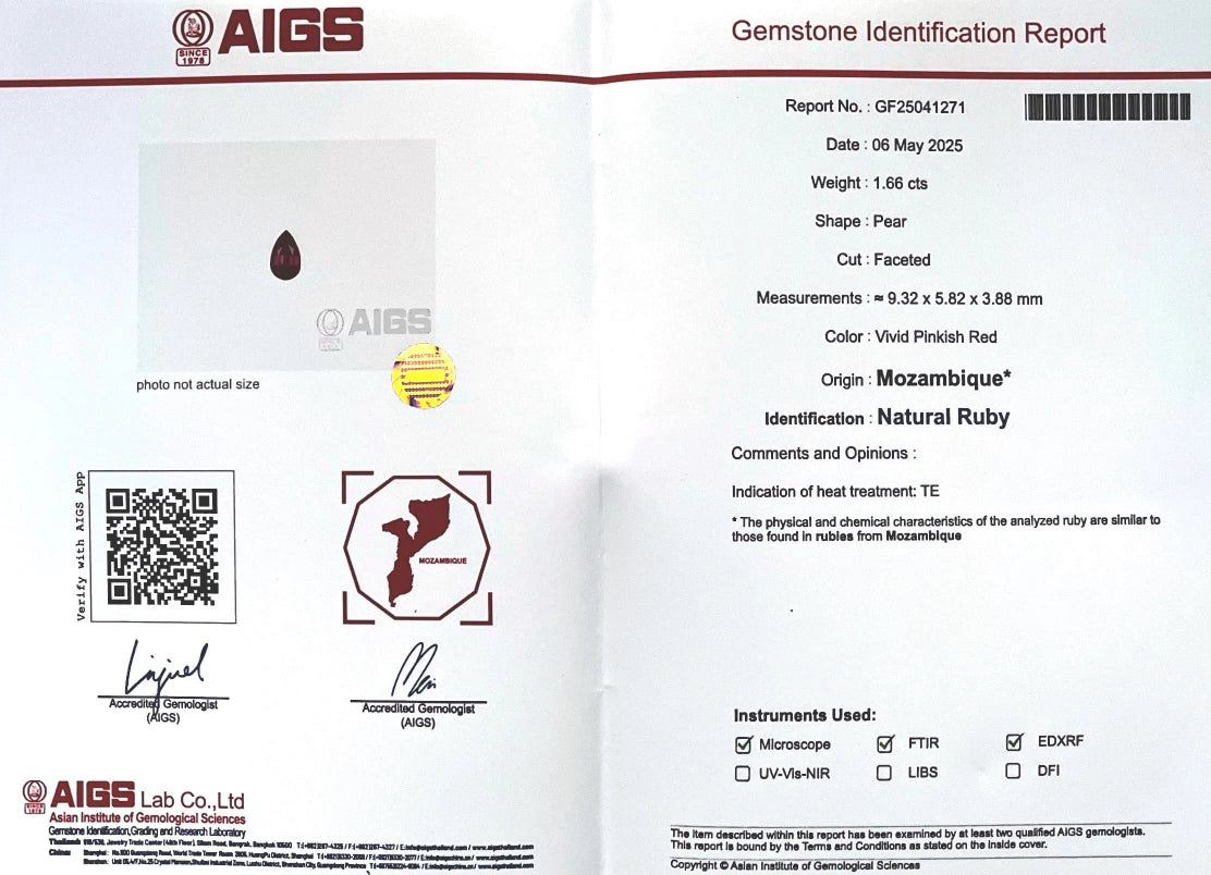 1.66ct Natural Mozambique Ruby | Vivid Pinkish Red Pear Cut RUB02