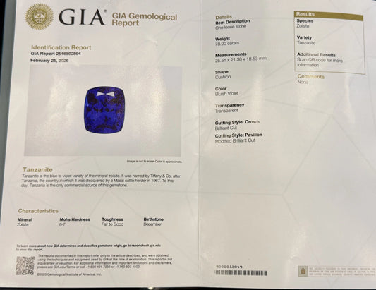 78.9ct GIA Certified Tanzanite | Intense Bluish Violet Cushion Cut TAZ01