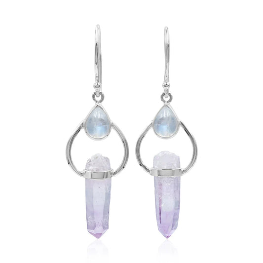 Amethyst with Rainbow Moonstone Earring in Sterling Silver