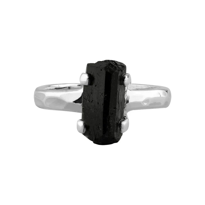 Black Tourmaline Prong Ring — Hammered Sterling Silver