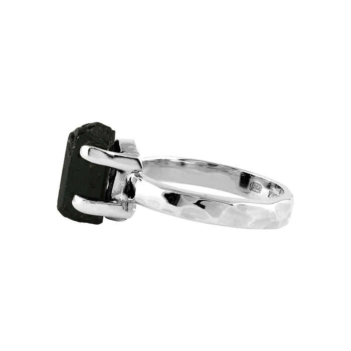 Starborn Black Tourmaline Prong Ring Hammered Sterling Silver