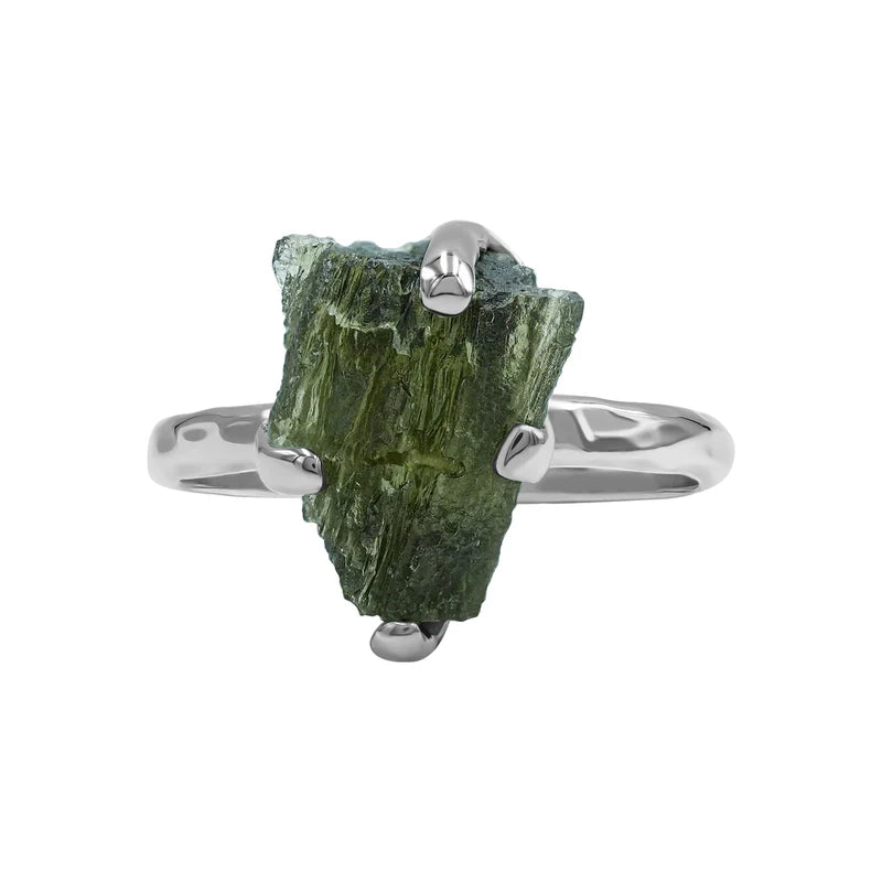 Starborn Genuine Moldavite Ring — 4–6 ct Rough Moldavite in Sterling Silver (Handcrafted)