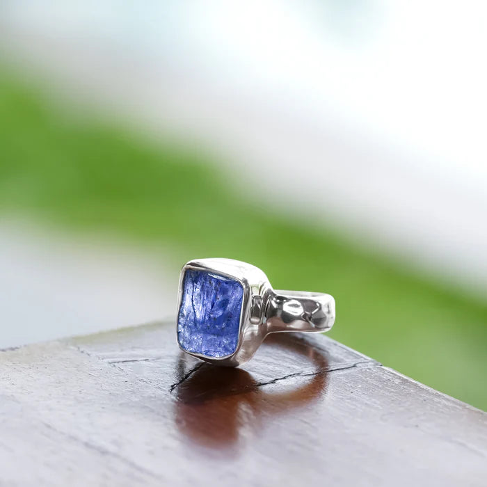 Starborn Tanzanite Bezel Ring Raw Crystal in Hammered Sterling Silver