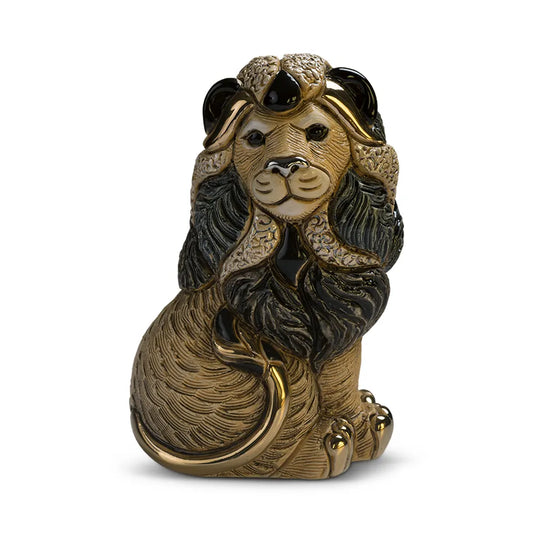 Hand-Carved Sitting Lion Ceramic Figurine - De Rosa Collections
