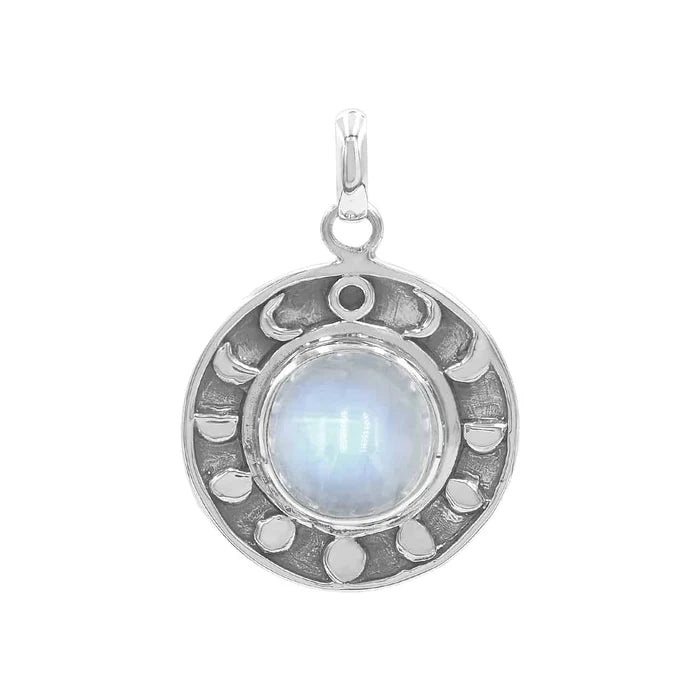  Rainbow Moonstone Moon Phases Pendant in Sterling Silver