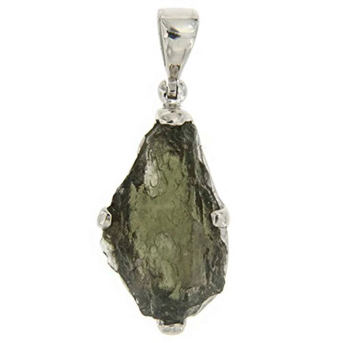 Natural Rough Moldavite Prong Set Pendant in Sterling Silver (7-11ct)