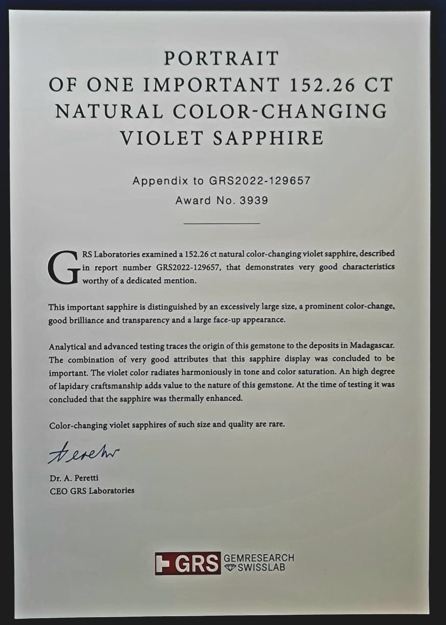 152.26ct Natural Color-Change Violet Sapphire | GRS Platinum Rarity CSAP1