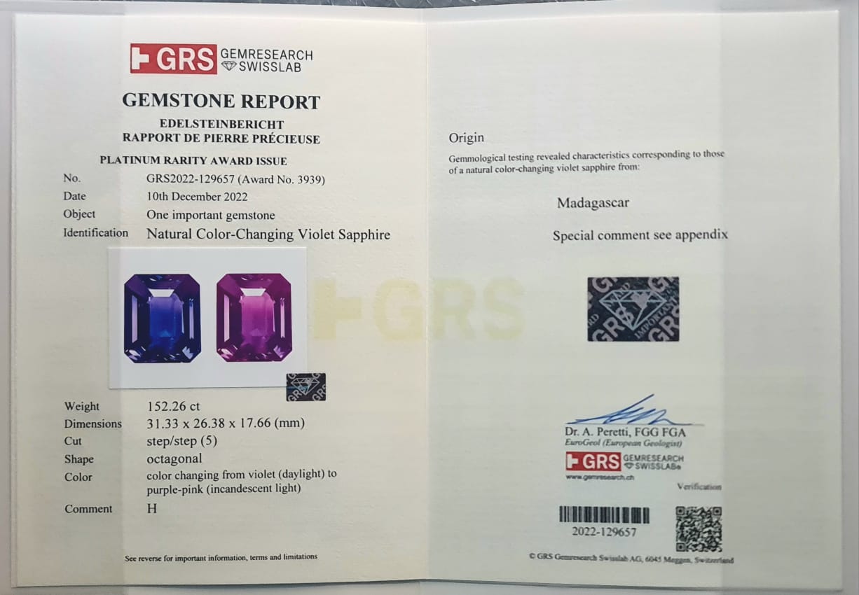 152.26ct Natural Color-Change Violet Sapphire | GRS Platinum Rarity CSAP1