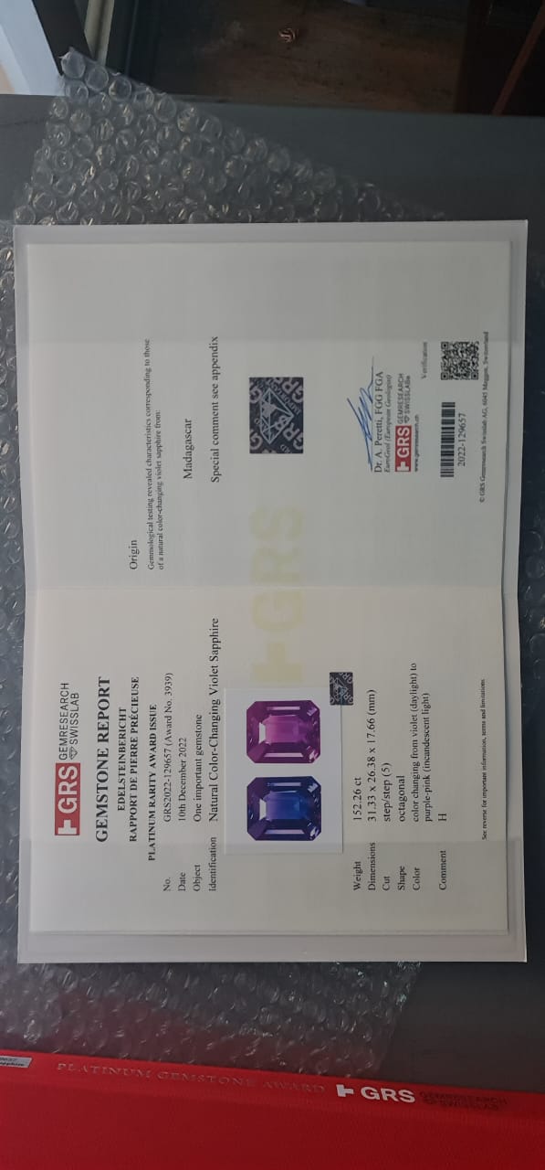 152.26ct Natural Color-Change Violet Sapphire | GRS Platinum Rarity CSAP1